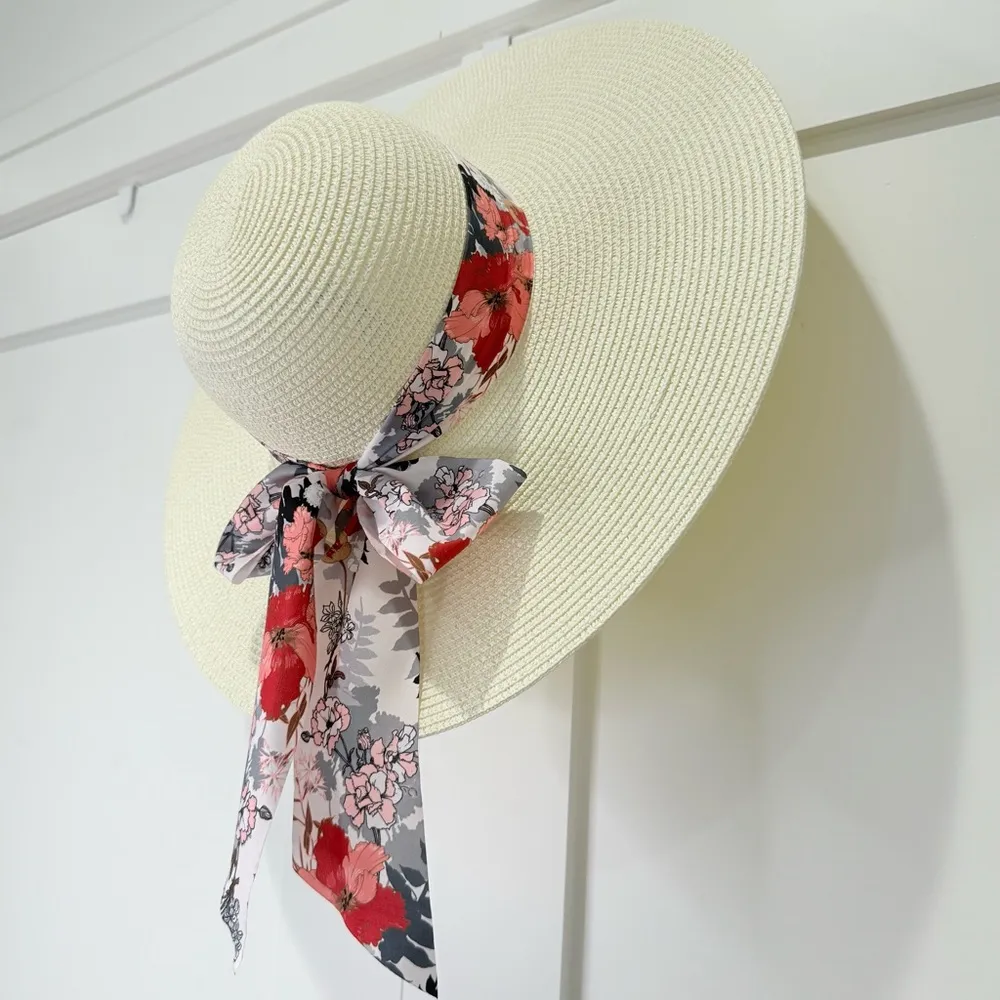 Straw Sun Hat Wide Brim Floral Bow 100% Grass Small Beachy Summer Chic Vacation Pink - Image 5