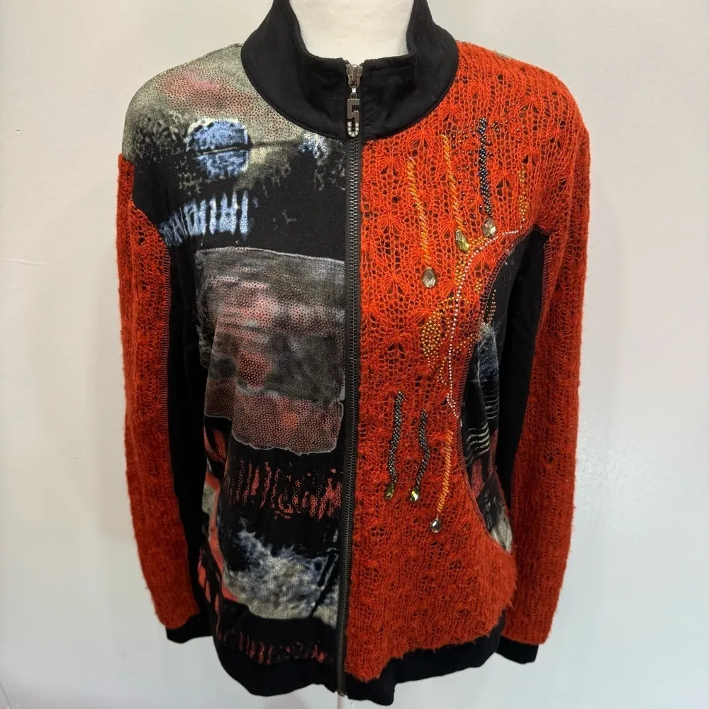 Vintage Music Notes Mixed Media Rhinestones & Beaded Zip Front Cardigan by Adore Orange Size L - Image 6