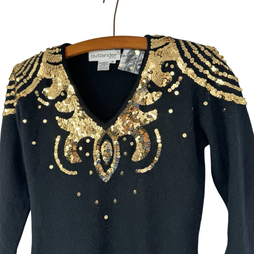Outlander Petites Shiny Glam Gold Sequins Long Sleeve Soft Black Dress Lambswool Size undefined - Image 2