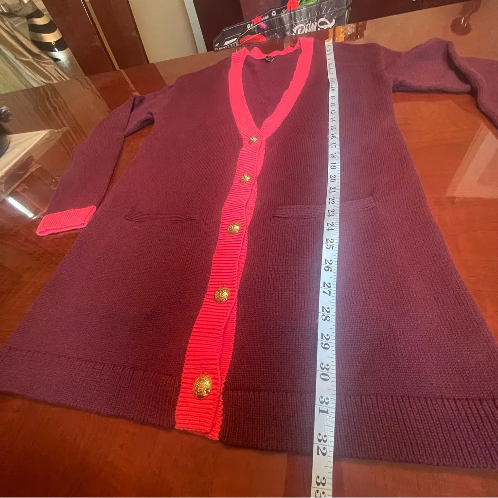 New Talbots V-Neck Tipped Cotton Burgundy Grandpa Cardigan Boyfriend Sweater S - Image 9