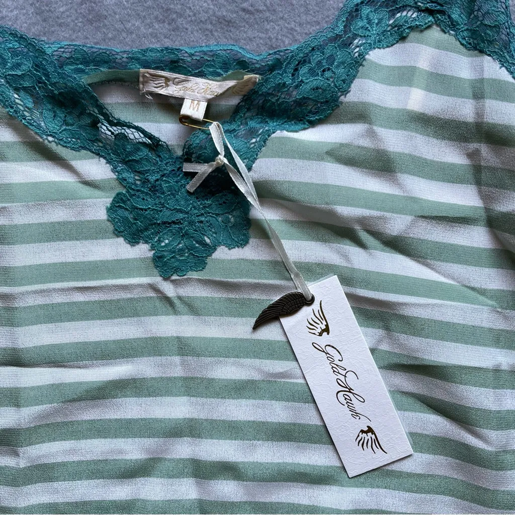 Gold Hawk Summer Mint Pacific Teal Lace Silk Cami Blouse Top M Y2K Stripe Layer Green Size M - Image 2