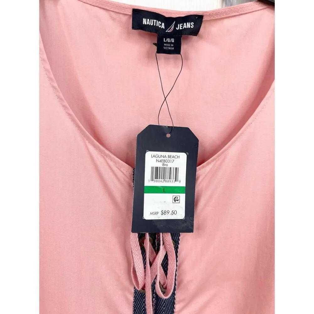 Nautica Laguna Beach Pink Sleeveless Tiered Drawstring Casual Dress Size L - Image 9