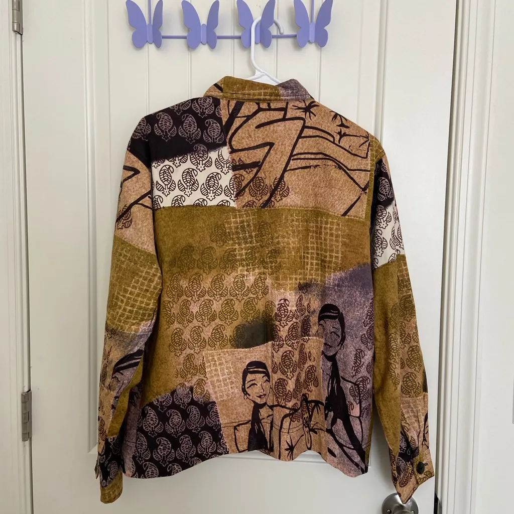 EUC Vintage Kaktus women’s‎ button front face abstract patch soft shirt medium Tan - Image 6