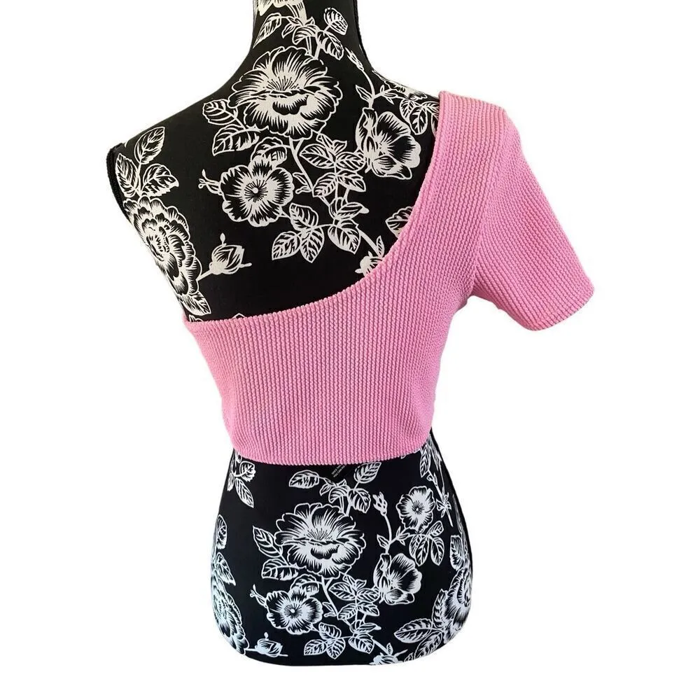 Nwt Pretty Little Thing One Sleeve Crop Bikini Top Sexy Cold Shoulder Blouse - Image 2