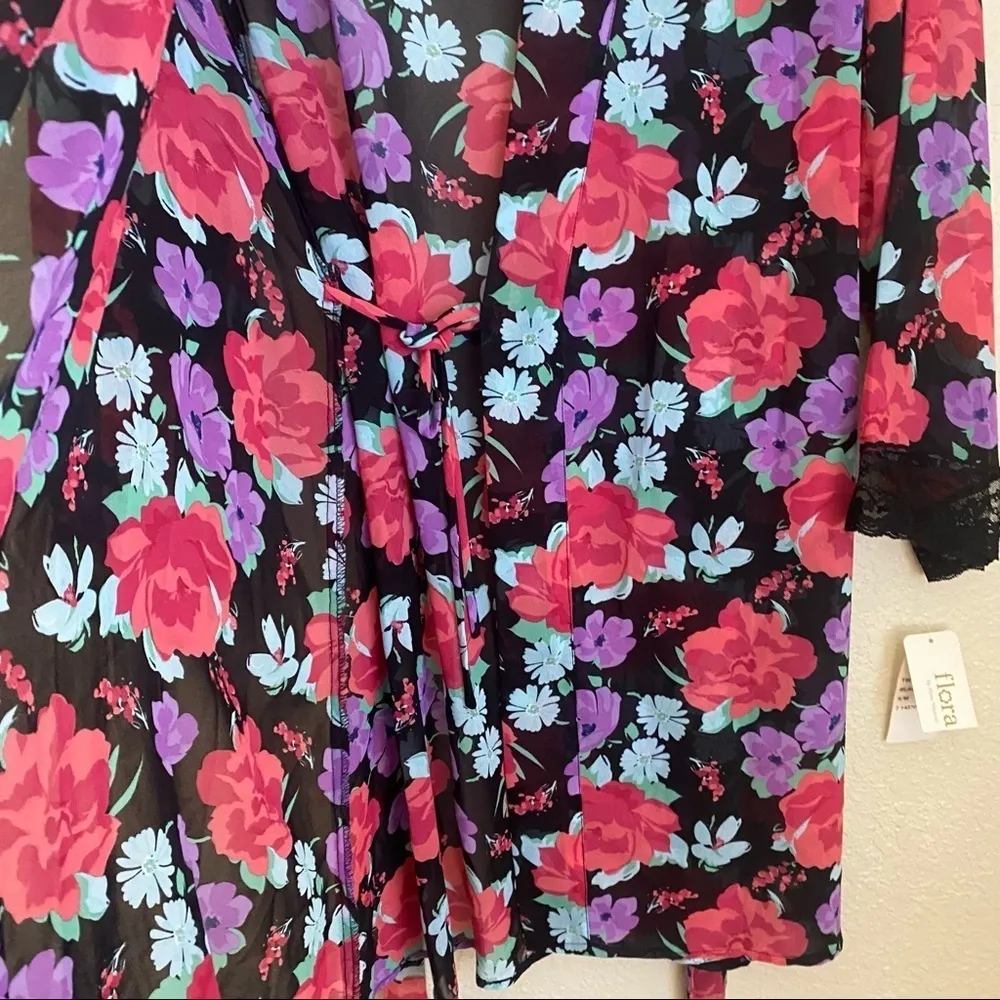 FLORA NIKROOTZ Floral Robe kimono NWT black‎ pink purple sheet belted - Image 5
