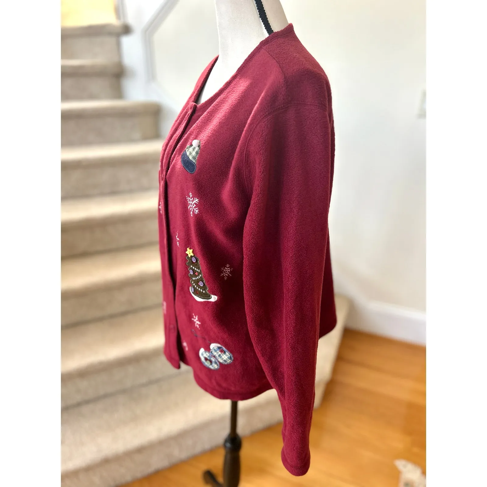 90s Croft Barrow Burgundy Red Fleece Button Winter Applique Cardigan - Image 3