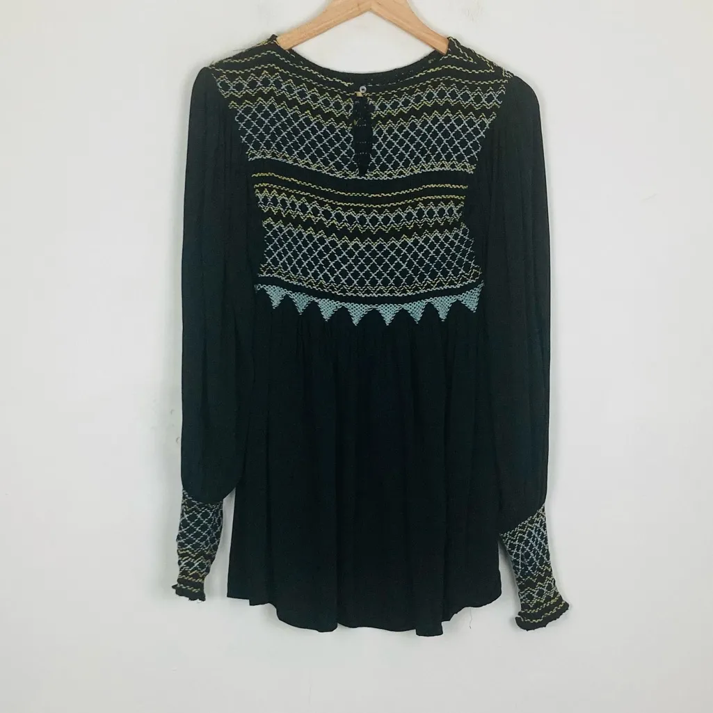 Free People black balloon sleeve mini dress w smocking blue & yellow stitching S - Image 4