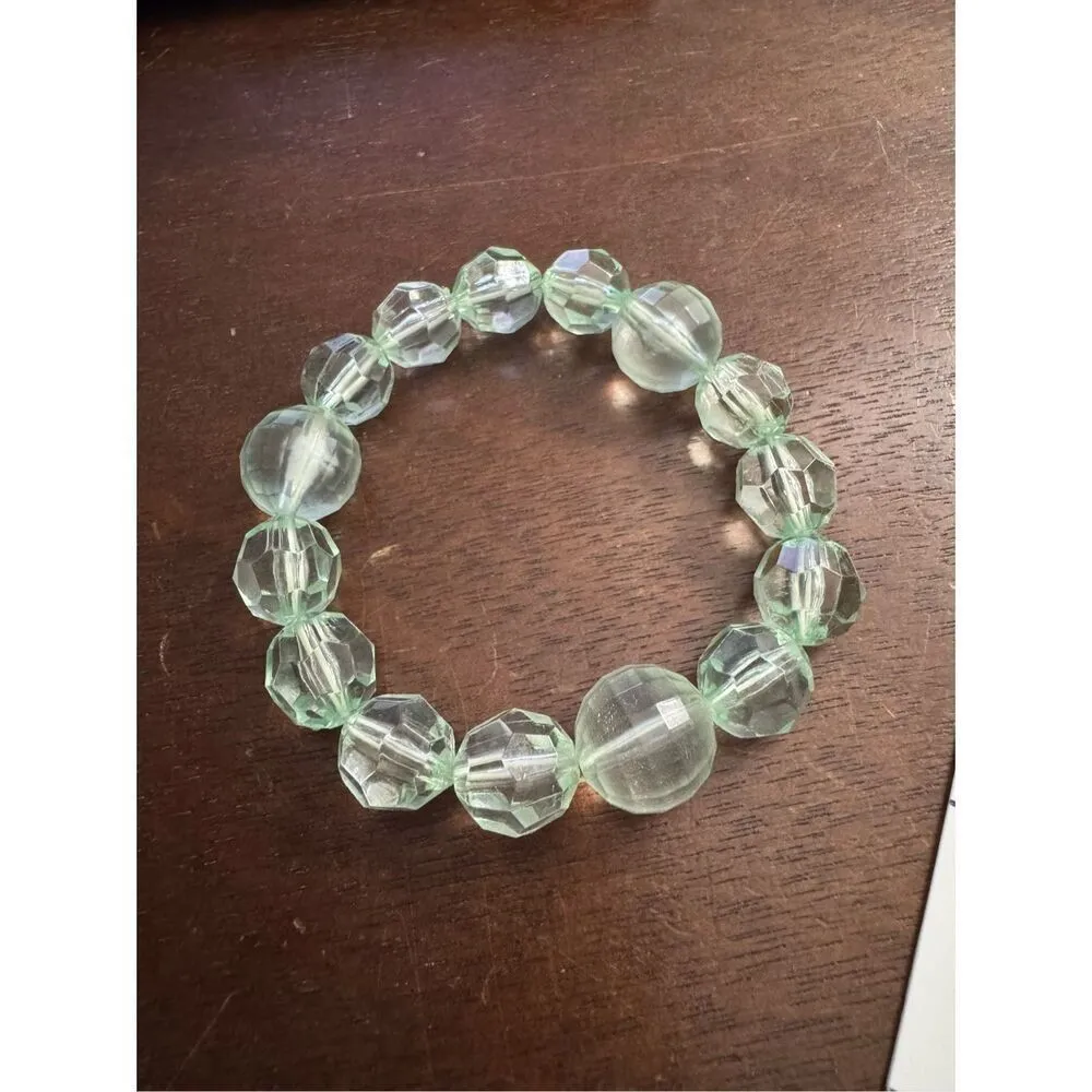 Vintage Y2K Womens Chunky Green Beaded Rhinestone Stretchy Slip On Bracelet 90's - Image 2