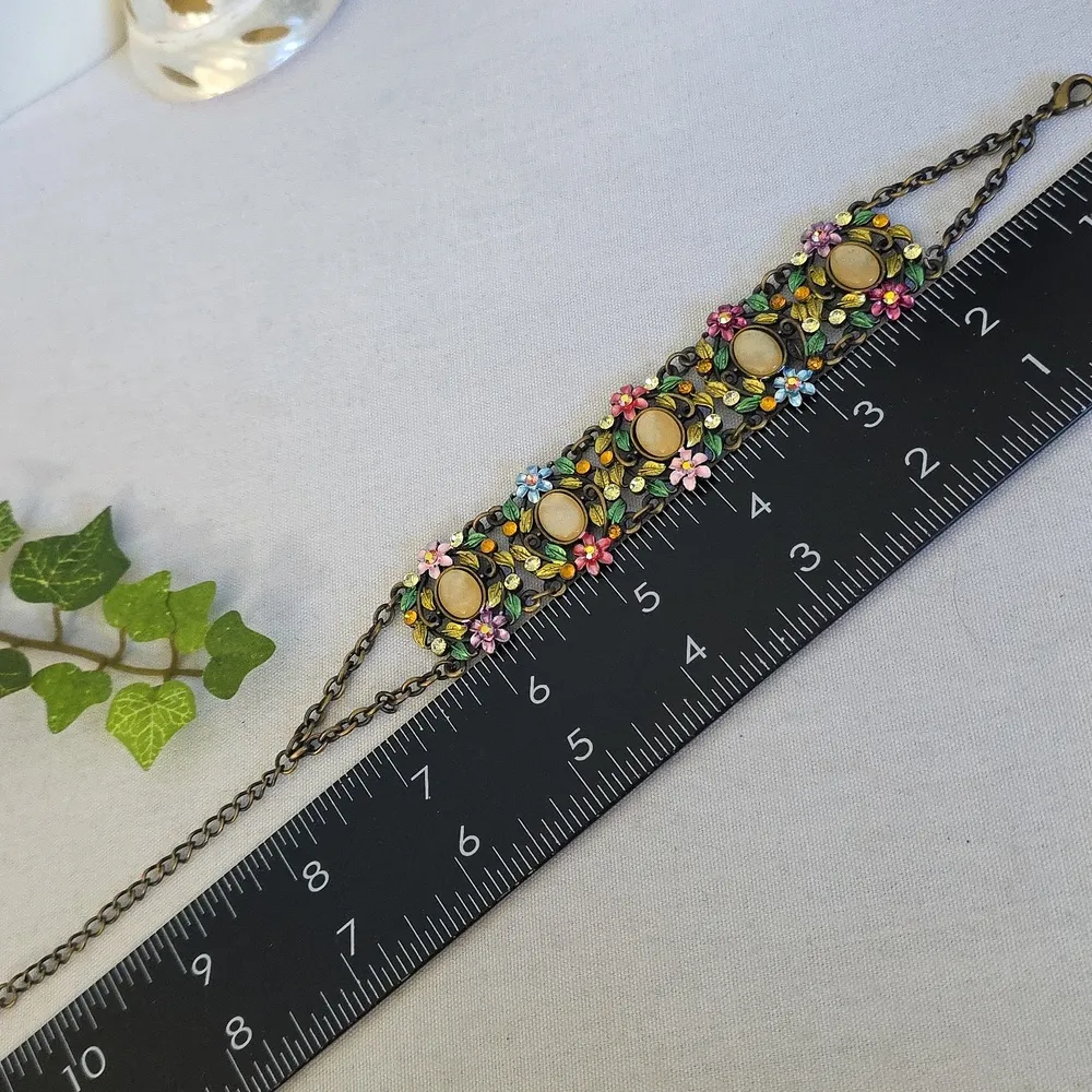 Vintage Antique Gold Bracelet With Floral Flowers Design Pink - Image 7