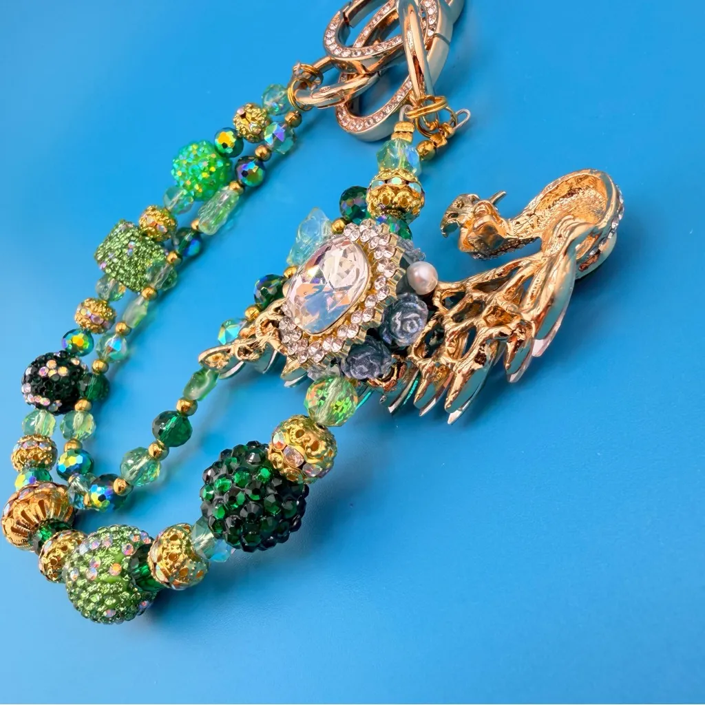 🦚 Luxury Bag/Phone Chain Charm/Keychain Green Rhinestone PEACOCK & Crystal Beads - Image 12