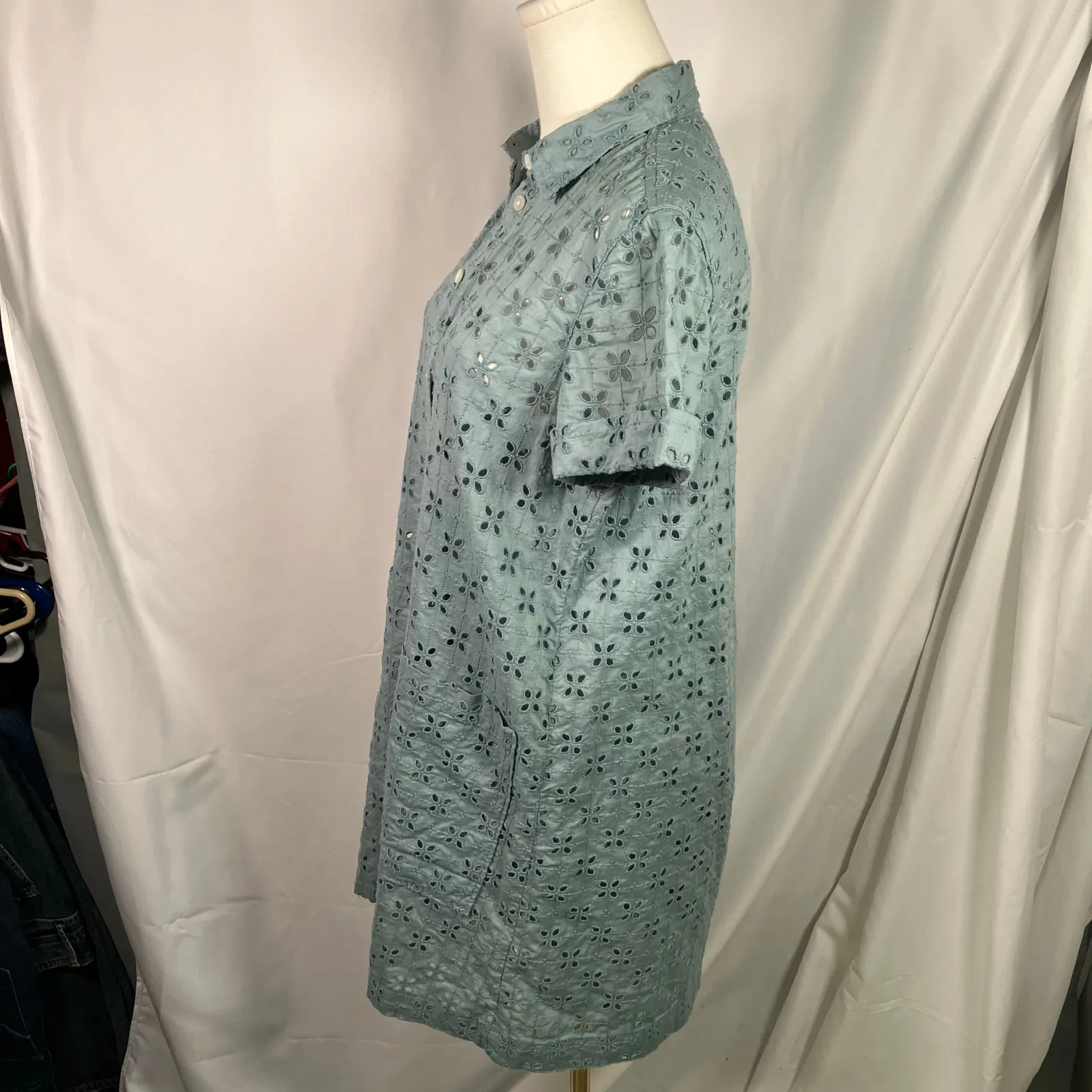 GAP XXS Blue Eyelet Shirt Dress Button Front Short Sleeve Preppy Coquette‎ - Image 8