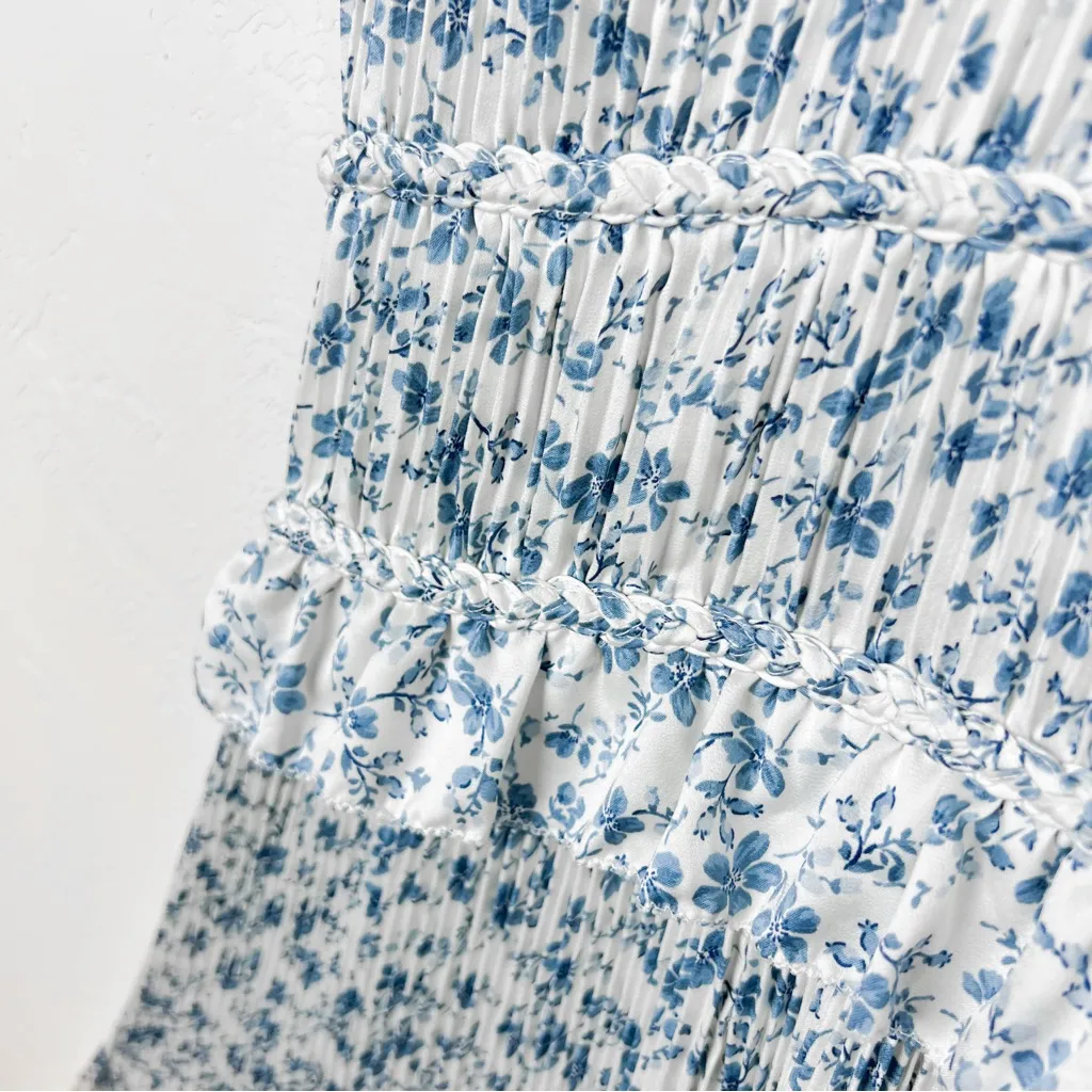 Polo Ralph Lauren Olea Floral Plisse Satin Blue White Floral Pleated Midi Dress - Image 11