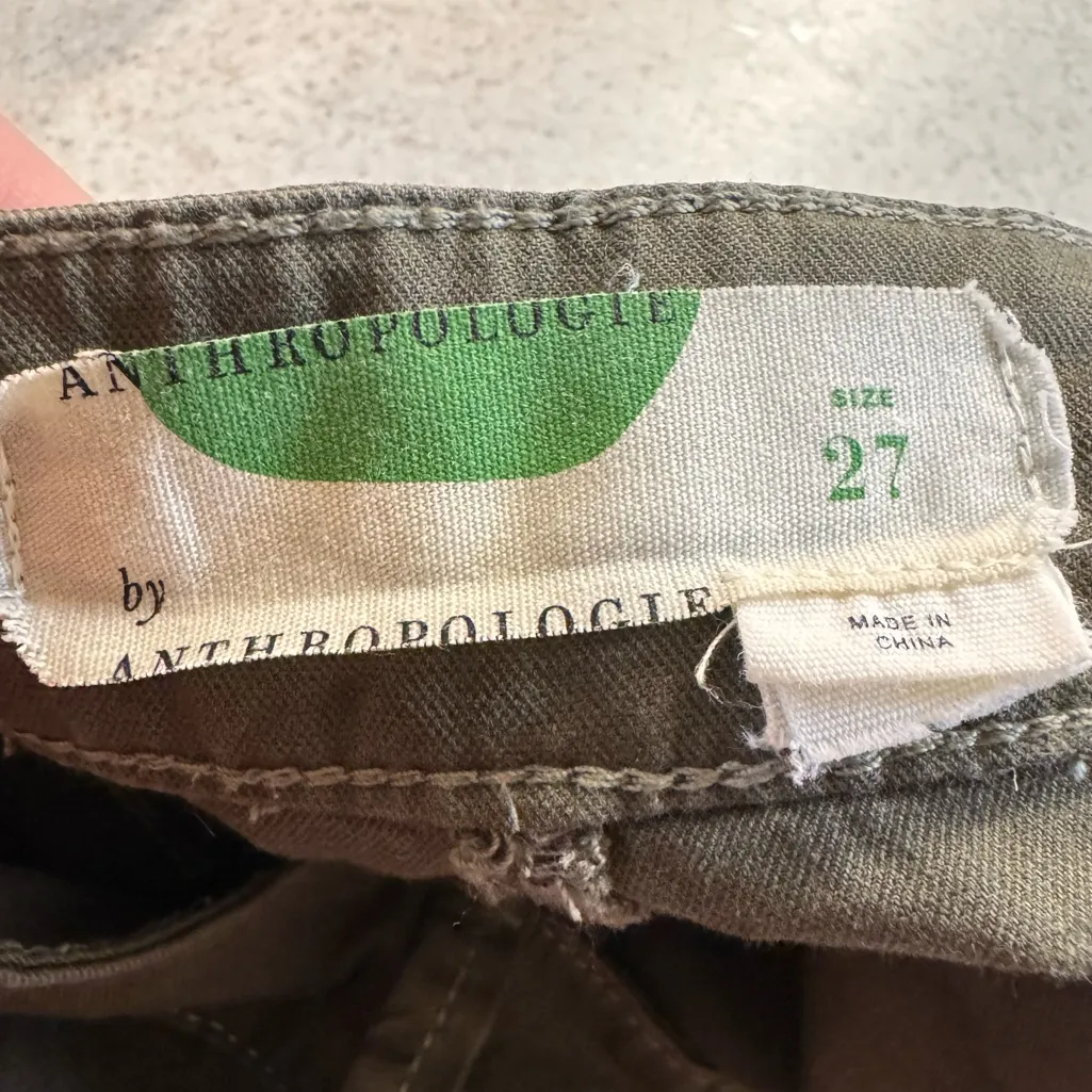 Anthropologie Floral Embroidered Utility Pants Olive Green Patchwork Ankle SZ 27 - Image 3