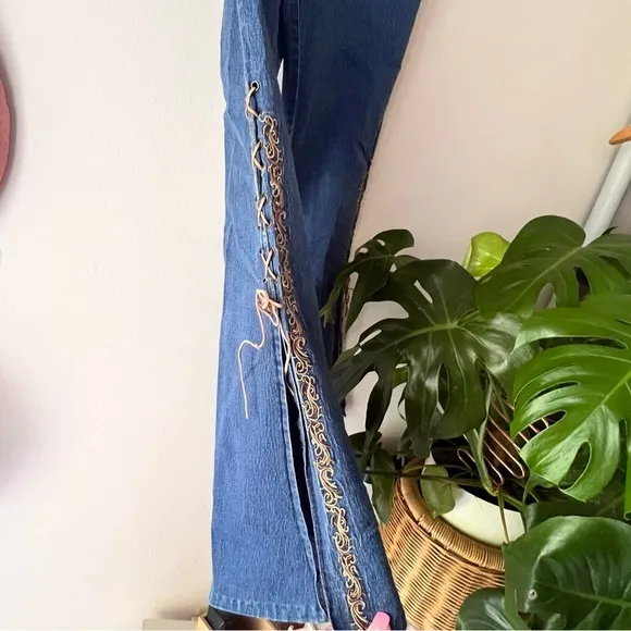 Vintage‎ 90s Y2K SOLO JEANS wide leg corset tie side SIZE 8 embroidered western Blue - Image 3