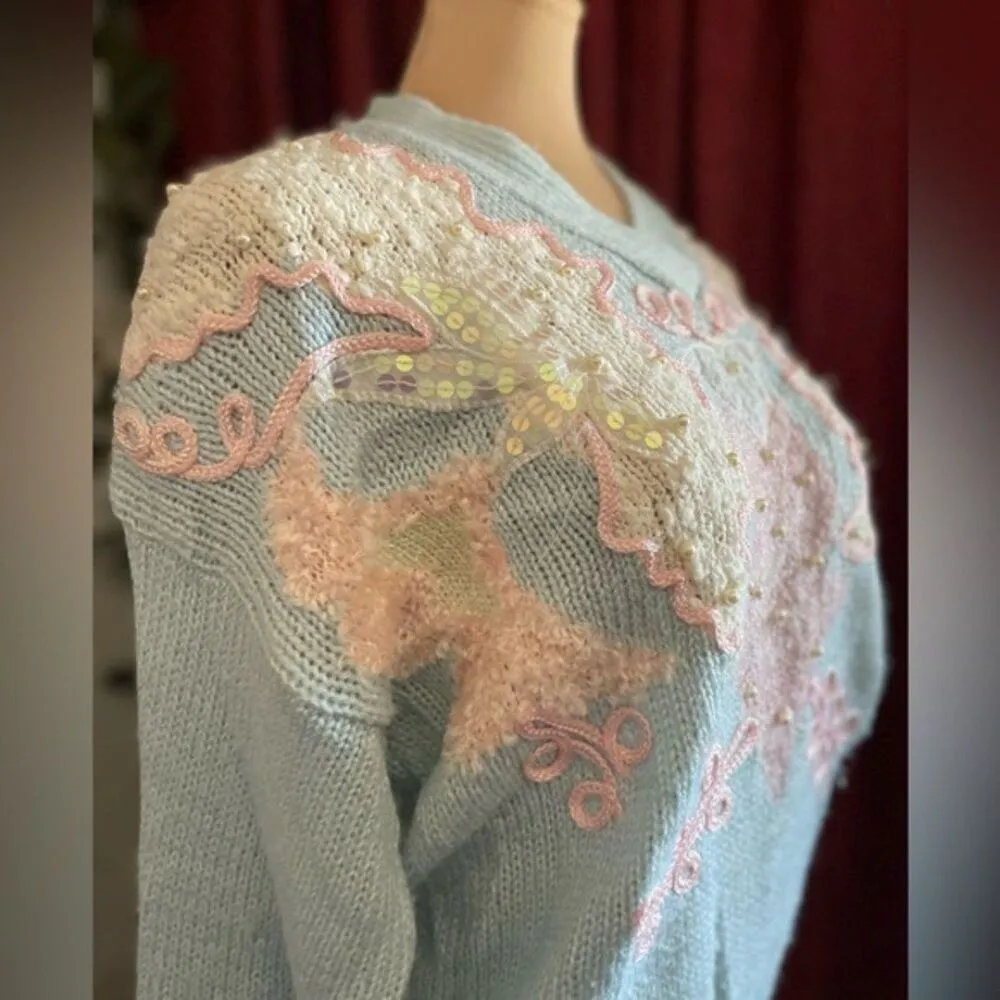 Jocelyn Smith VTG Pastel Goth Sequin Pearl Fairy Kei Cottagecore Sweater Medium Blue - Image 3
