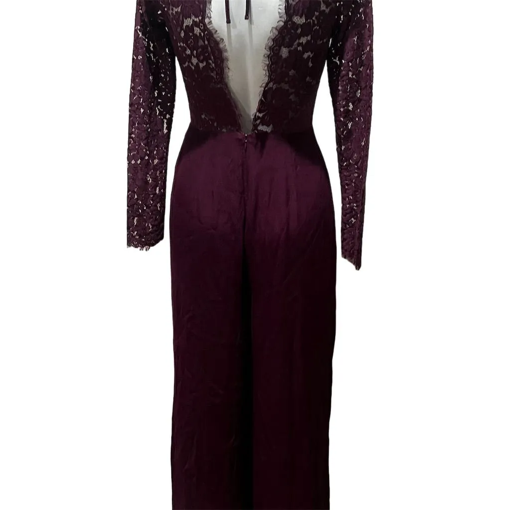 Lovers + Friends Justine Burgundy Wide Leg Jumpsuit Lace Sleeves Size XS - Image 3