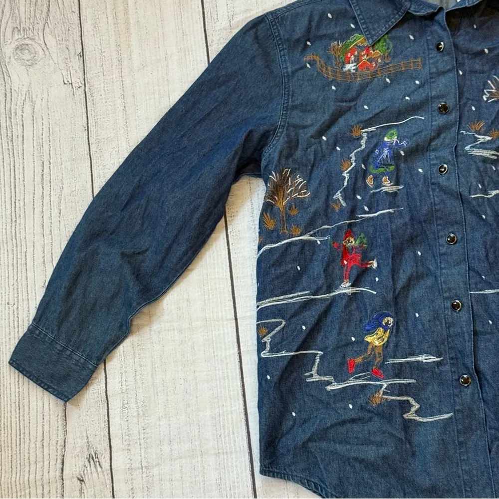 BILL BLASS Vintage Denim Button Down Embroidered Winter Ice Skate Shirt Size M - Image 2