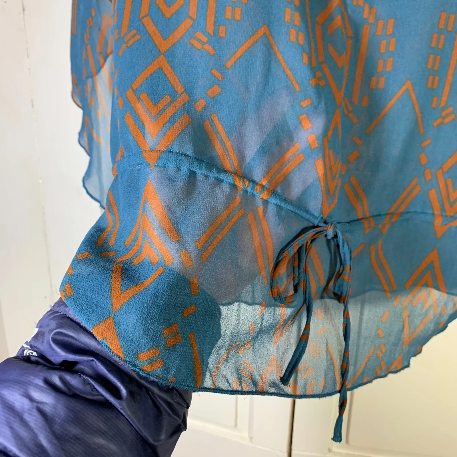 ANGIE Teal Orange Geometric Print Kimono Sleeve Tie Waist Blouse Top M - Image 6