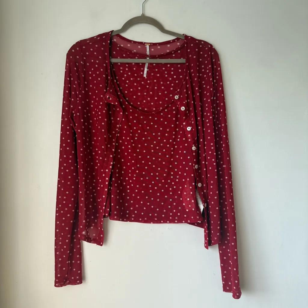 Free People Red & White Polka Dot Star Twosie For One Mesh Top + Cardigan Set M - Image 2
