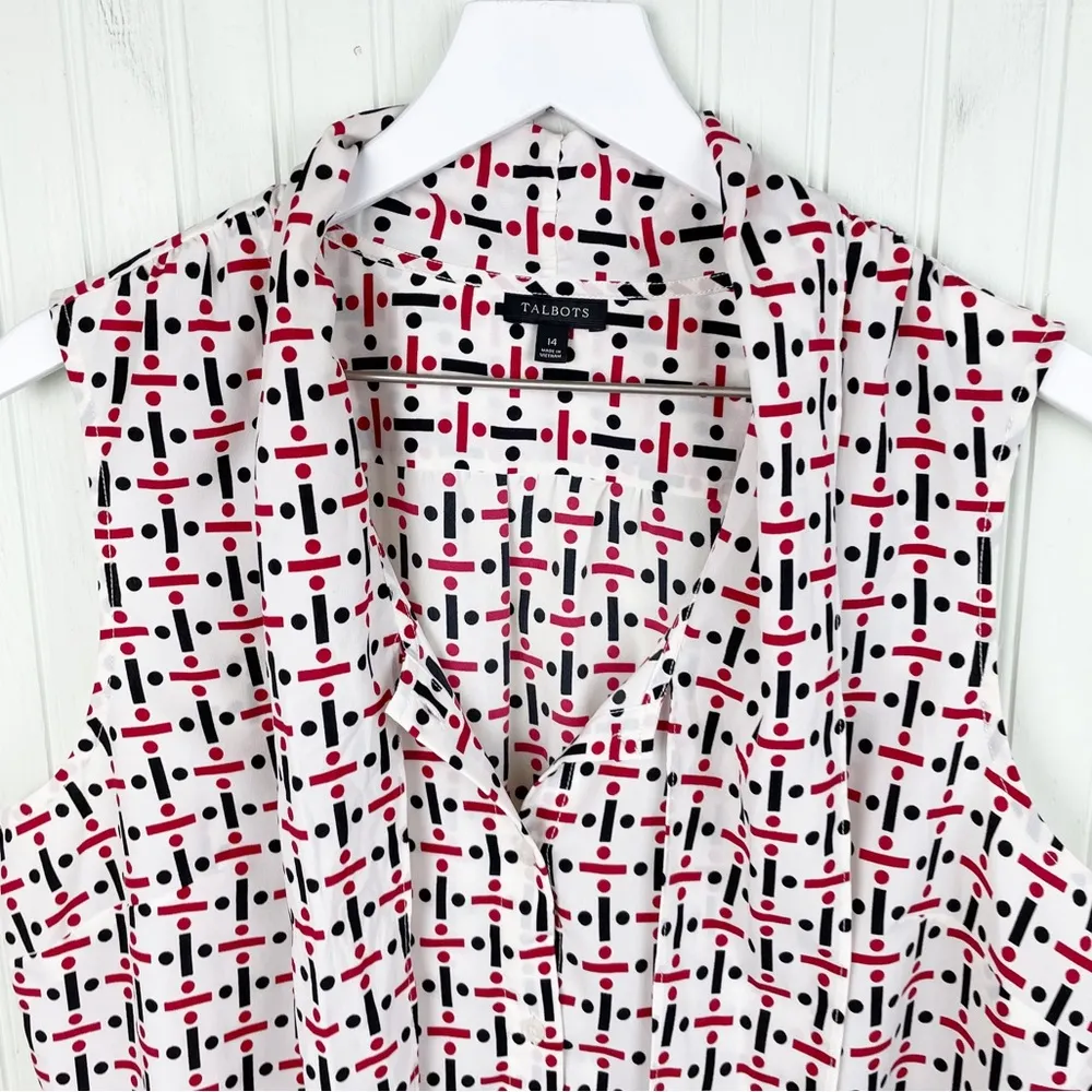 Talbots White Button Front Tie Neck Geometric Printed Blouse Women's Size 14 - Image 4