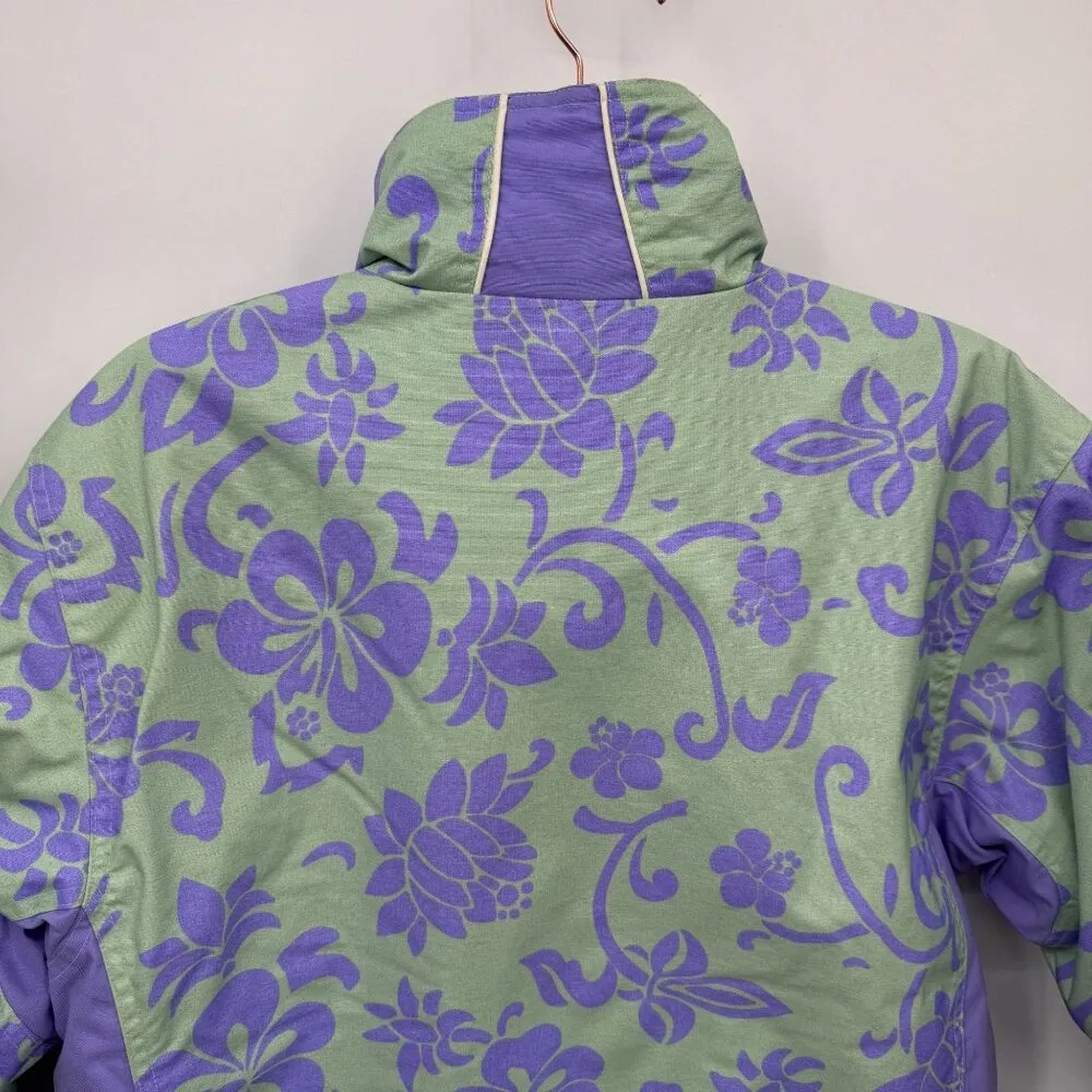 Obermeyer Ski Jacket Juniors Large Green Purple Nylon Hibiscus Flower Print Hood - Image 6