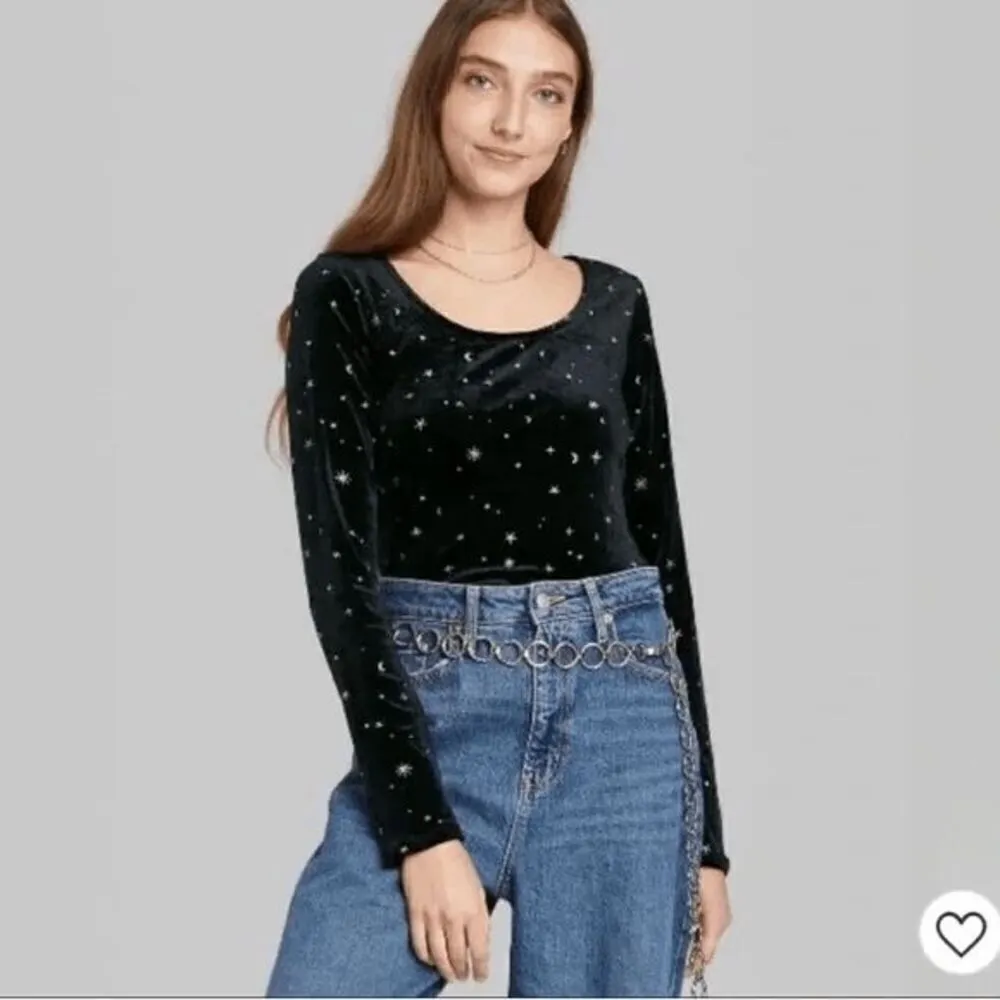 Wild Fable Black Velvet Whimsygoth Stars Moons Backless Bodysuit Small - Image 10