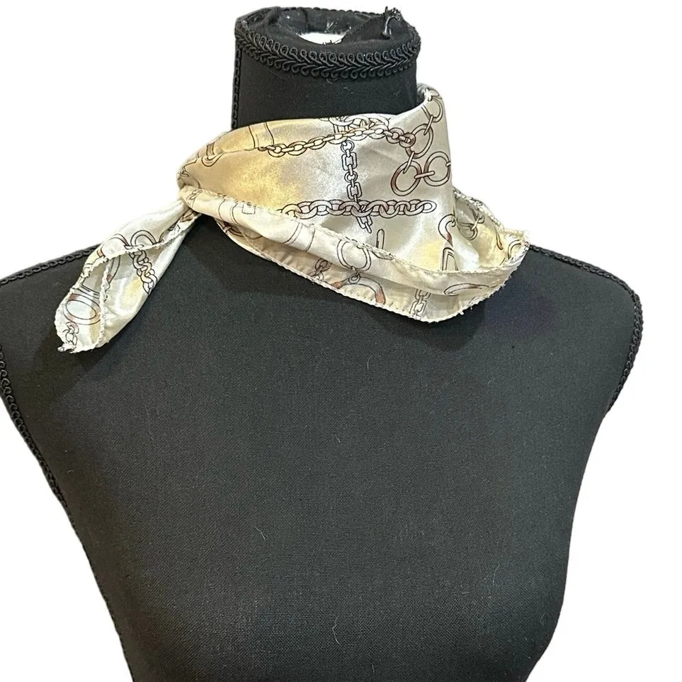 Vintage Satin Neckerchief or handbag Scarf, Paris Chains Gold & Cream Summer - Image 9