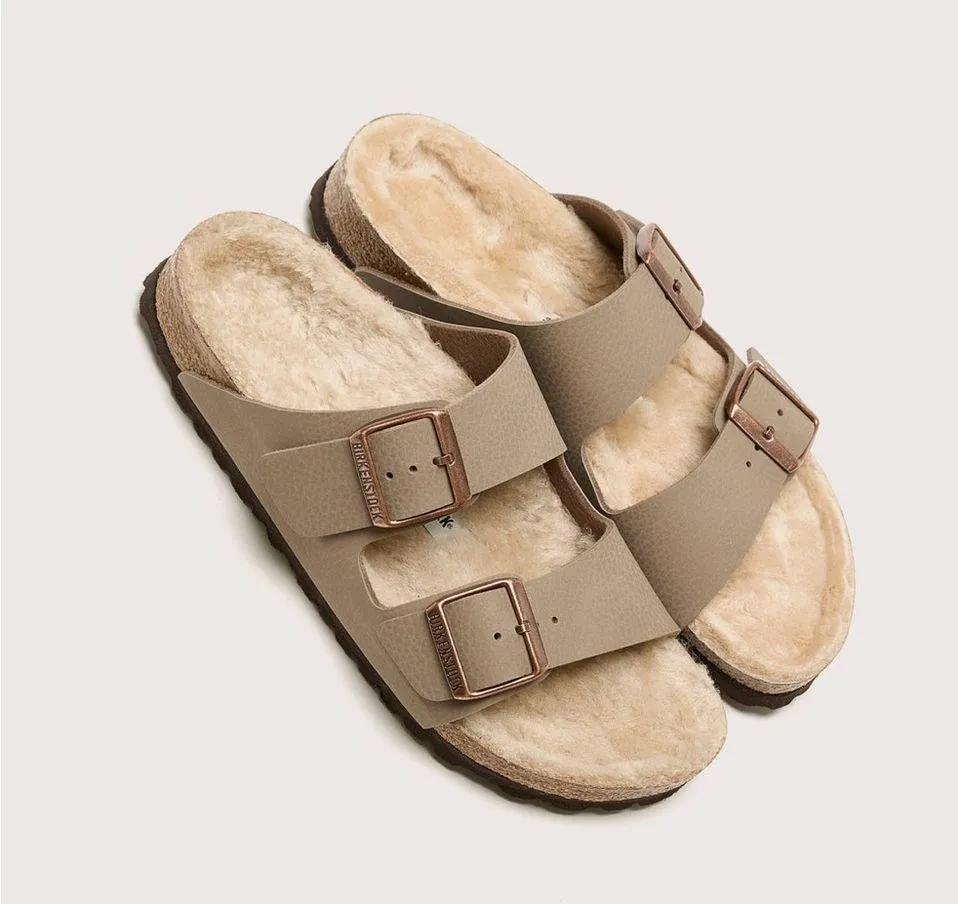 Birkenstock Arizona Shearling Desert Dust Gray Taupe Sandals - Image 2