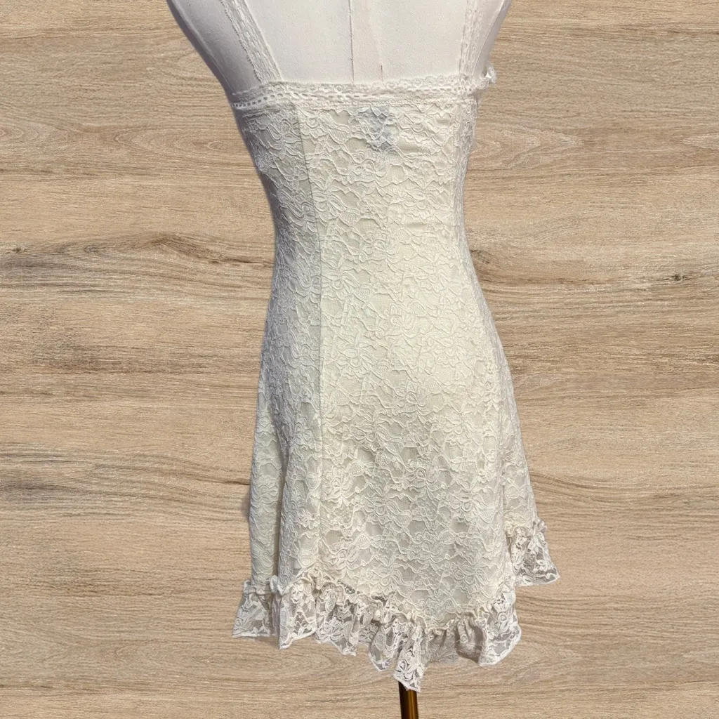 Lace Mini Dress Ethereal Fairy Coquette Ruffle Hem Cottagecore Slip size Small - Image 3