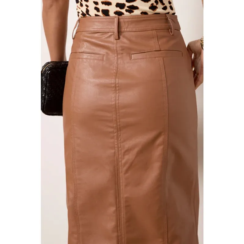 Sanctuary by Evereve Triple Threat Vegan Leather Midi Skirt Rawhide Camel Brown - Image 3
