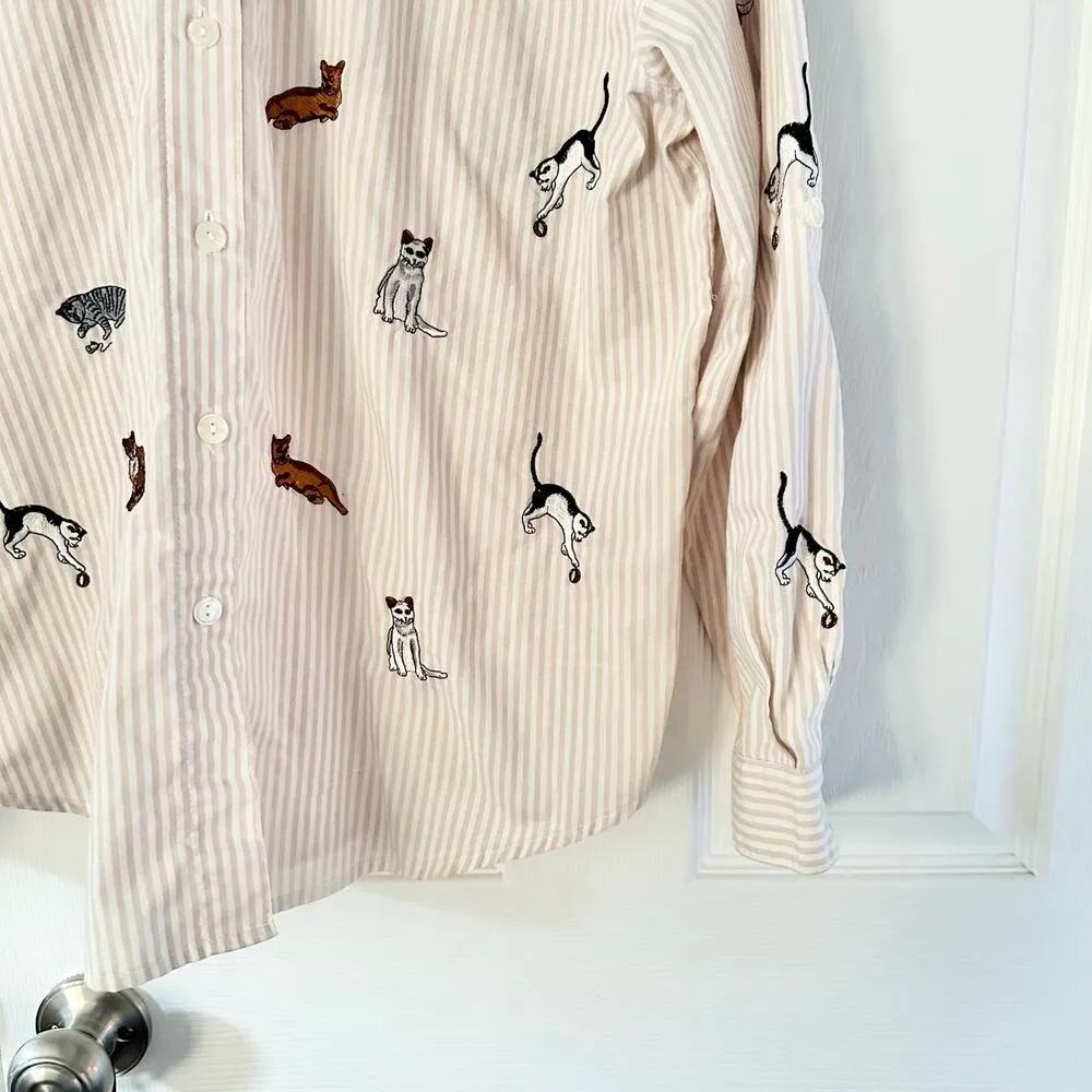 Teddi Vintage Beige White Seersucker Stripe Buttondown Embroidered Cats Large - Image 5