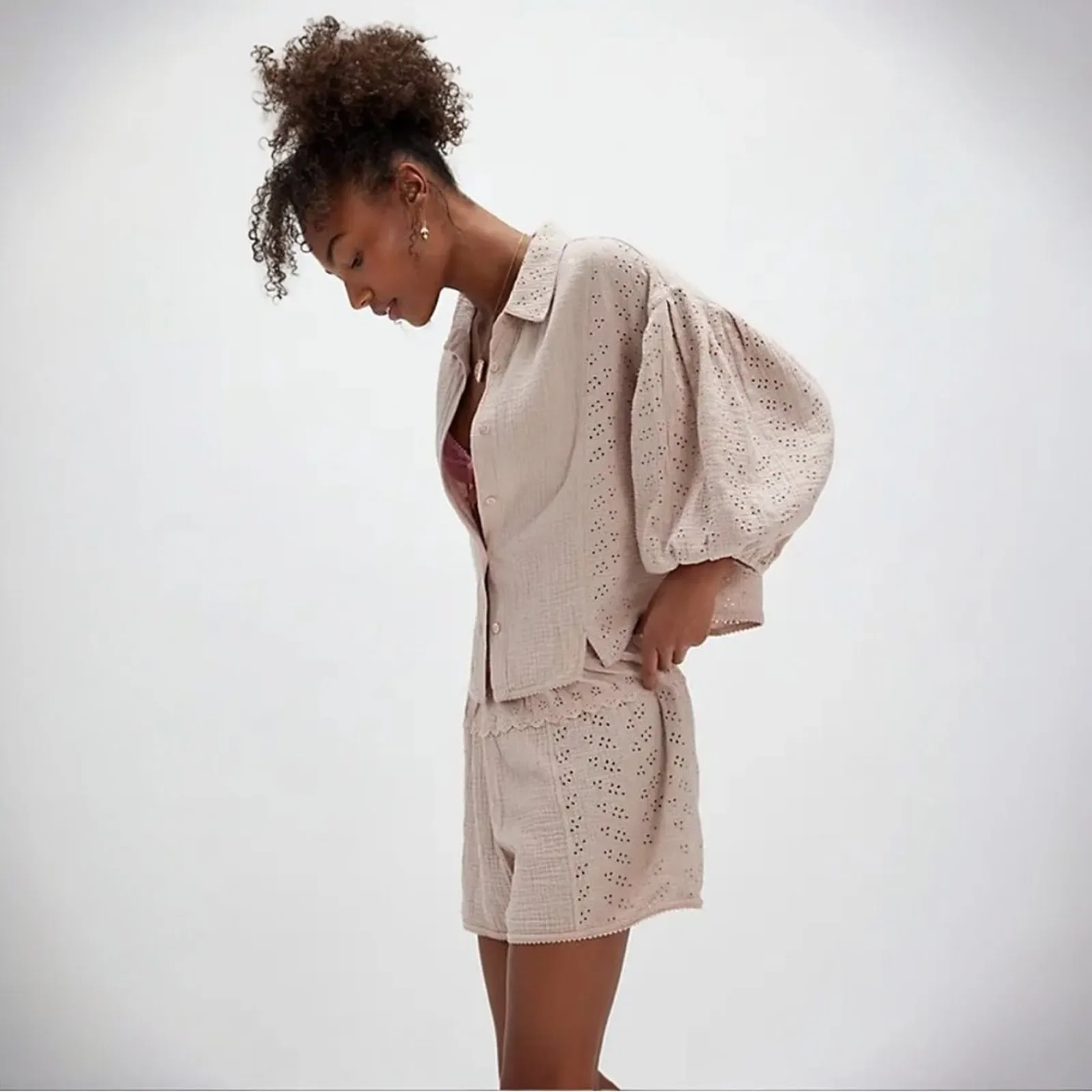 Free People Dainty Ethereal Cottage Eyelet Lace Full Bloom Shirt Rose Dust Small - Image 11