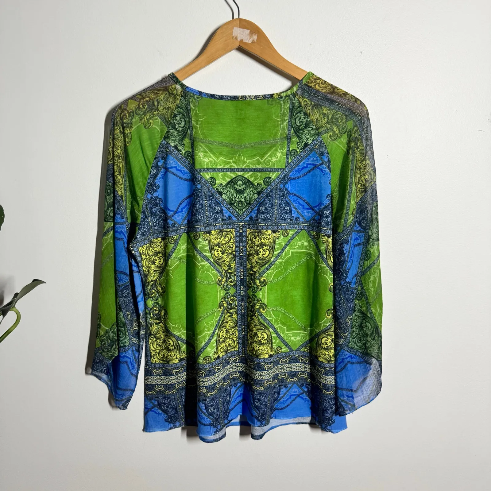 Chico's Y2K Boho Fairy Bling Sheer Sleeve Blouse Top Women L Green Blue Made USA - Image 2