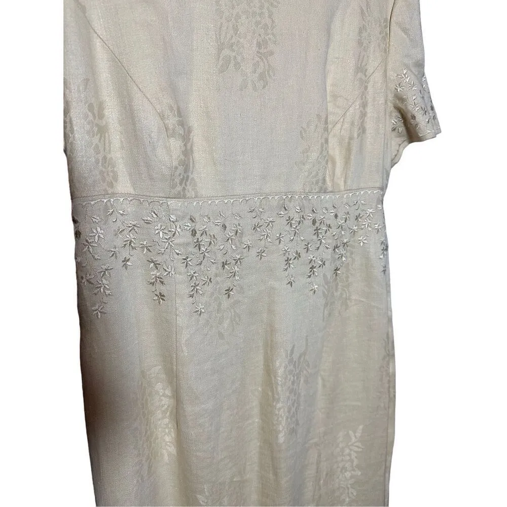 Vintage Maggy London Light Pastel Yellow embroidered linen maxi sheath dress sz - Image 6