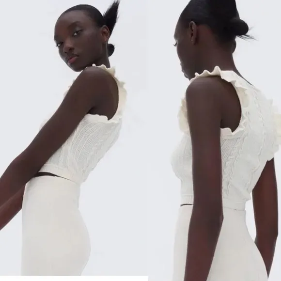 NWT ZARA CABLE KNIT RUFFLED TOP IVORY LARGE BOHEMIAN - Image 2