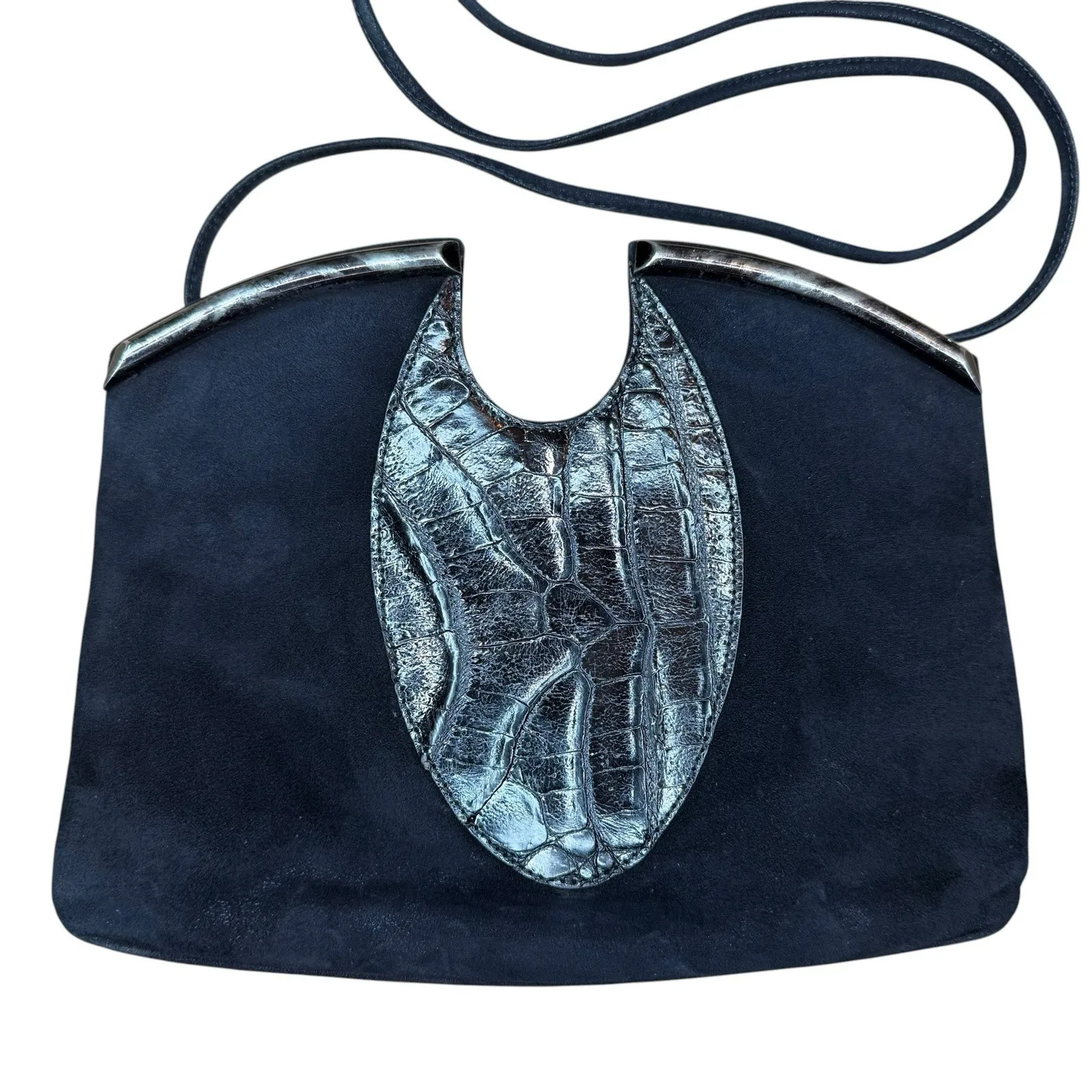 Vintage 1980's Sidonie Larizzi Paris Suede Croc Embossed Avant Garde Bag‎ RARE Black - Image 2