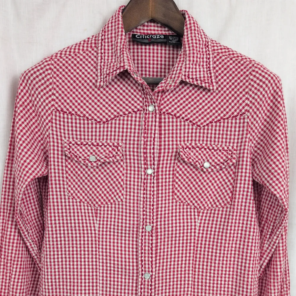 Ladies' Vintage Western Snap Seersucker Red Check Shirt Small - Image 6