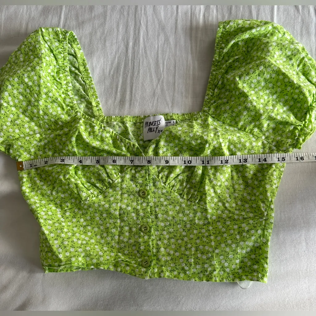 Princess Polly Laguna Floral Crop Top 4 Puff Sleeve Green White Dainty Milkmaid - Image 7