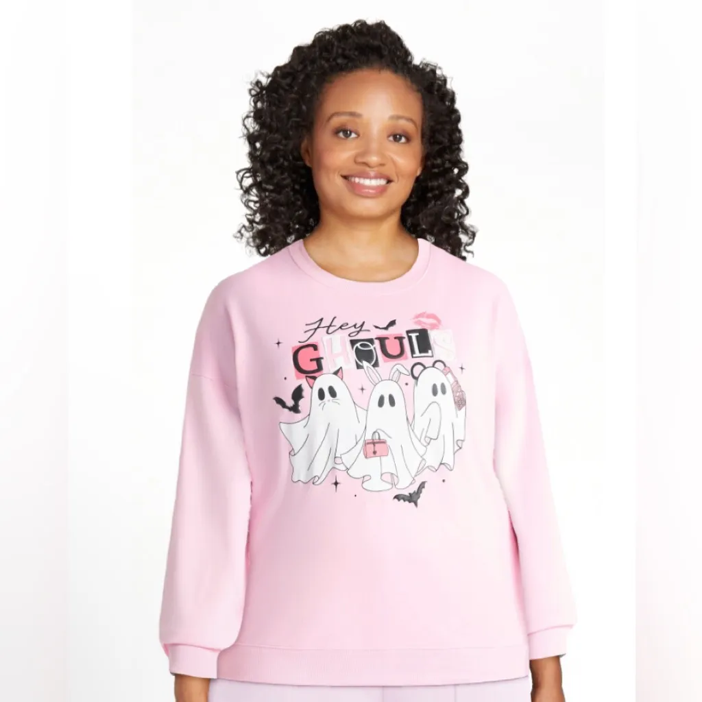 WOUND UP Womens Sweatshirt Size Small 4-6 HEY GHOULS EMBOSSED Front Pink New - Image 2