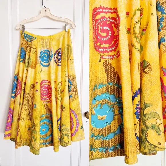 vintage • yellow circle skirt midi sequin spiral colorful print cotton ethnic Size M - Image 2