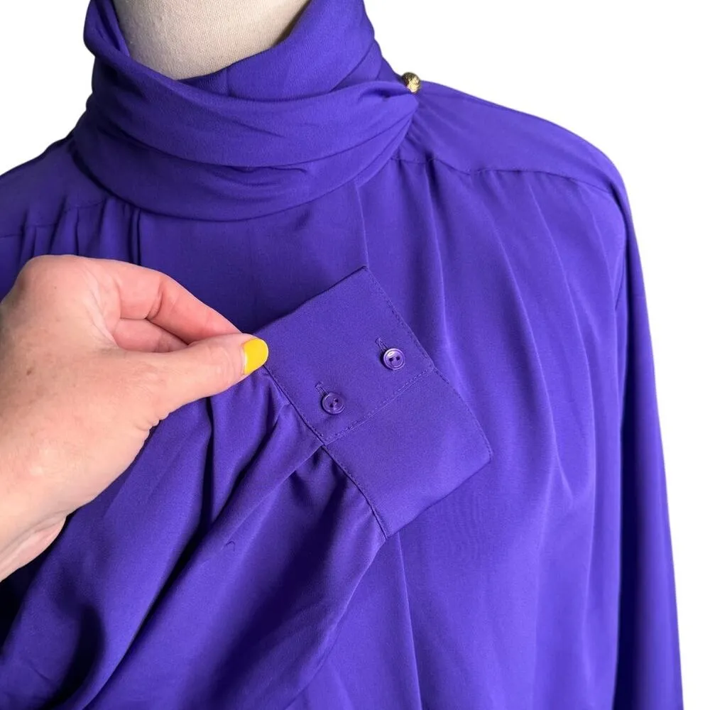Vintage Foxcroft pleated mock neck royal purple secretary blouse size 10 medium - Image 4