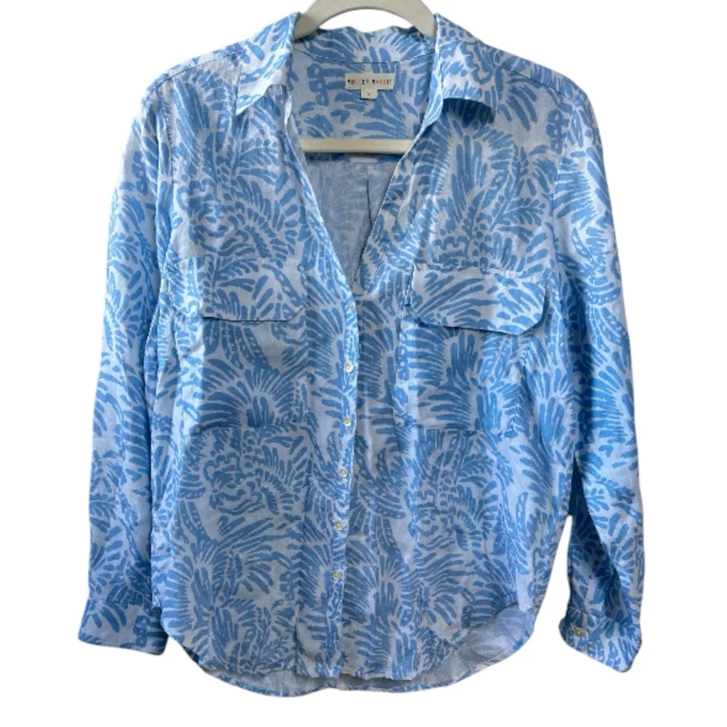 Roller Rabbit 100% Linen Guy Shirt in Blue/White Leaf Print Size Small Coastal - Image 2