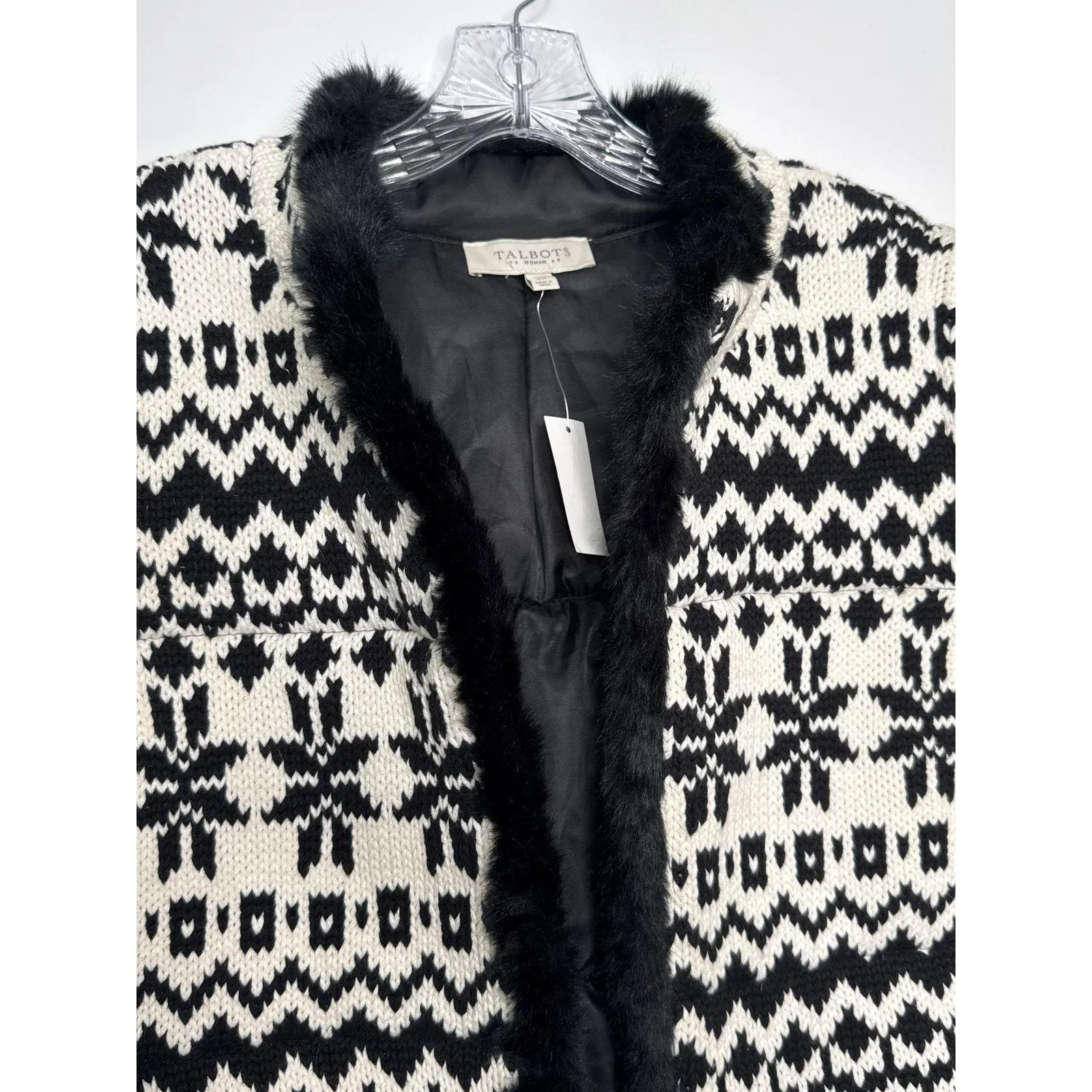 NWT Talbots Black White Knit Faux Fur Trim open front Vest fair Isle 2X - Image 13