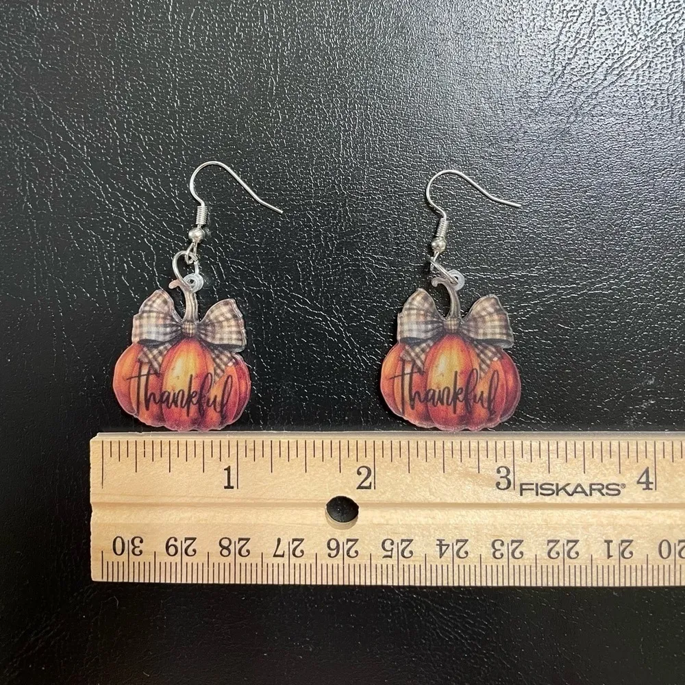 Earrings Pumpkin Thankful Thanksgiving Acrylic Dangle Orange - Image 4
