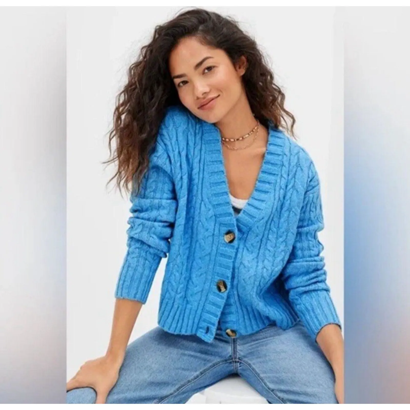 American Eagle Size Large Cable Knit Cropped Cardigan Sweater Women Blue Preppy - Image 2