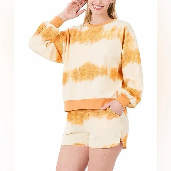 $55 Zenana Golden Mustard Tie-Dye Drop Shoulder Top &Dolphin Shorts Gold XL NWOT - Image 2