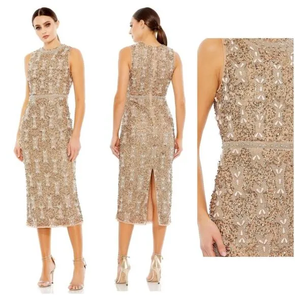 Mac Duggal Cocktail Dress Heavily Beaded brown midi dress size 6 C6 - Image 2