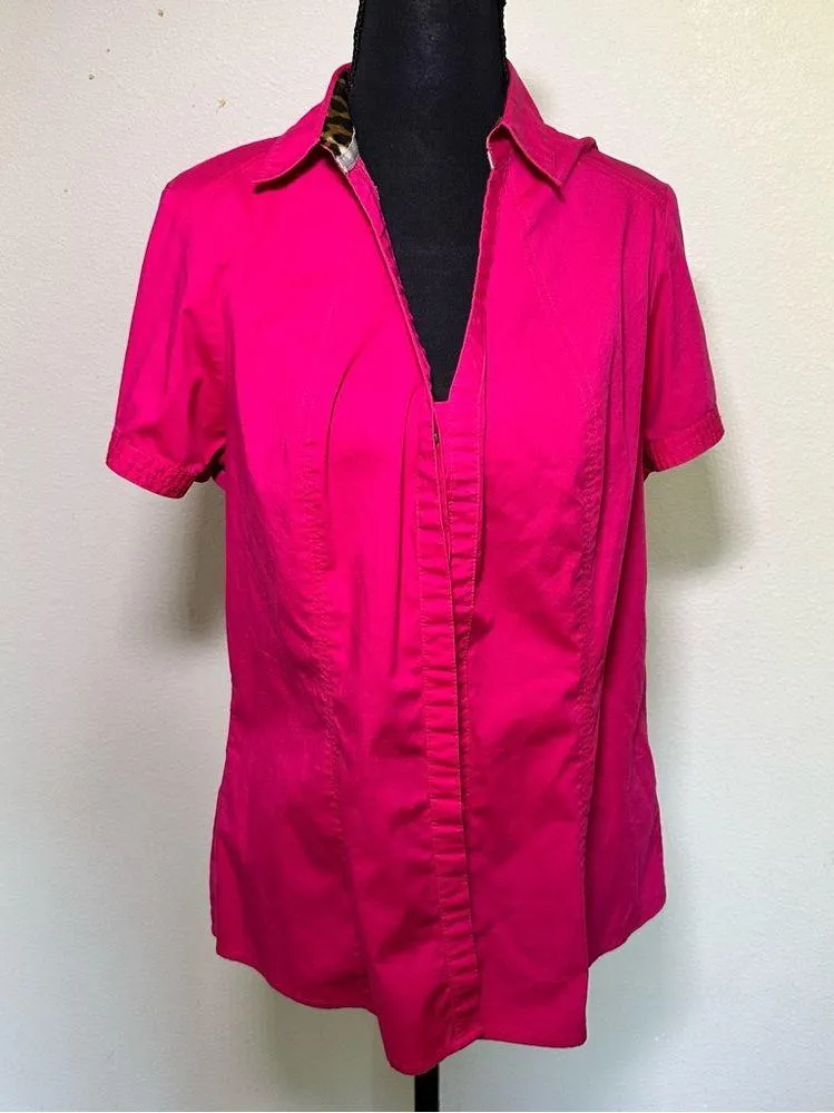 Express Pink Y2K Fitted Button Down Shirt with Cheetah Print Lined Collar L - Image 2