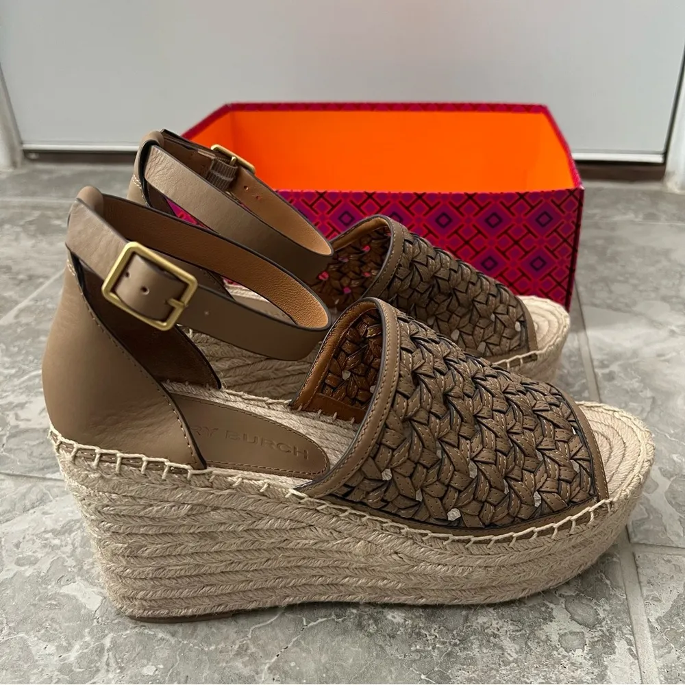 Tory Burch Basketweave Espadrille Ankle Strap Wedges Leather Size 10M New in Box - Image 13