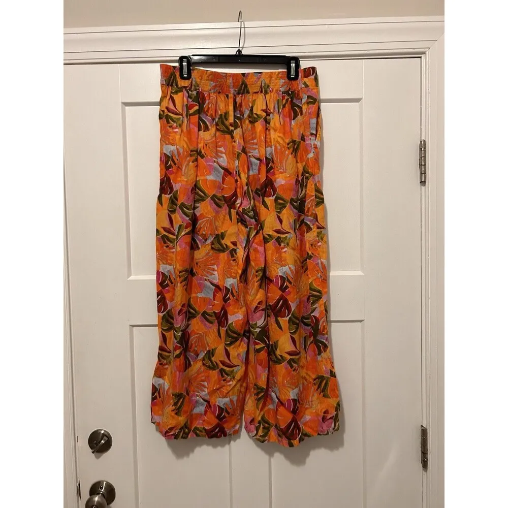 Women Linen Pants Wide Leg Orange Tropical Multi Color C&C California Size Large - Image 7